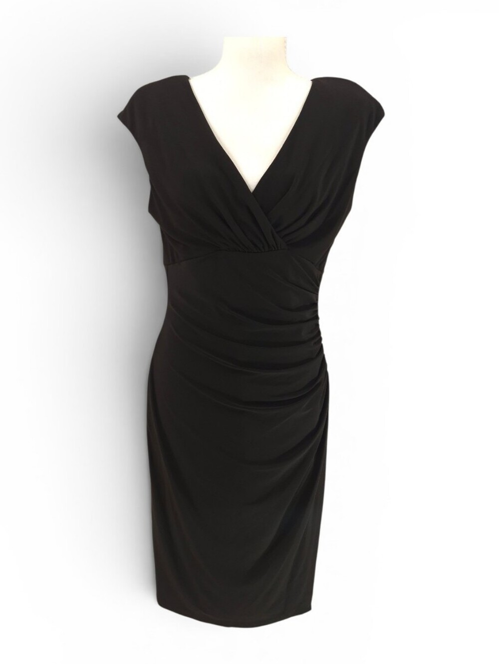 LRL Ralph Lauren Essentials Black Sheath Dress Stretch Jersey Knit Ruched Sz 10